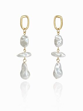 Gold and White Baroque Pearl Drop Earrings
